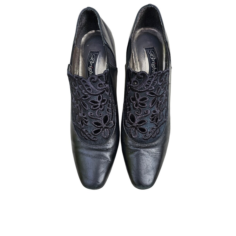 Brighton Black Leather Heeled Shoes with Lace Detail Silver Embellished 7.5 Med - Picture 3 of 11